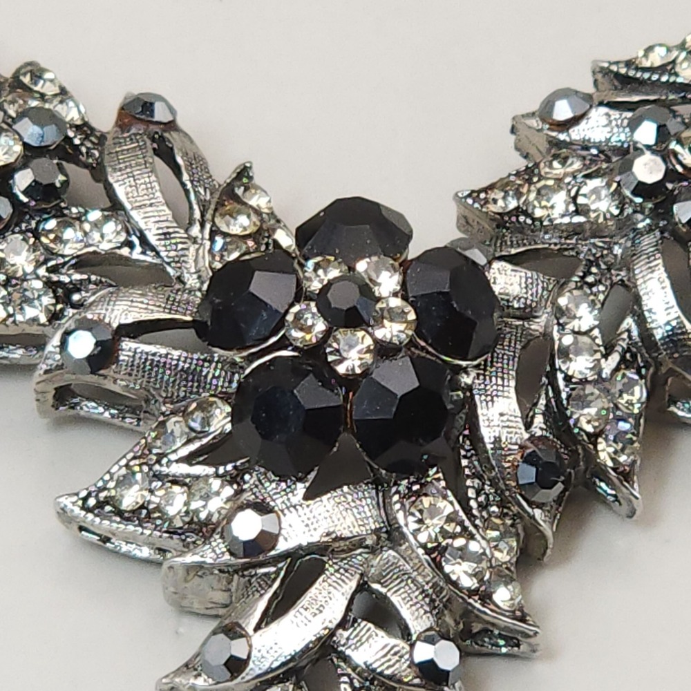 Vintage 1950s Marcasite Style Rhinestone Flower Necklace Bracelet Set Black Gray - Picture 5 of 16